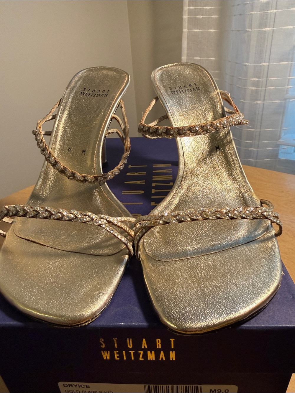 Stuart Weitzman Metallic Gold Braided-Strap Heeled Sandals